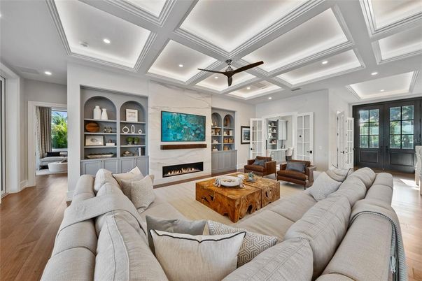 Fireplace, Interior, Living room, Recessed Lighting, Wood Texture Flooring