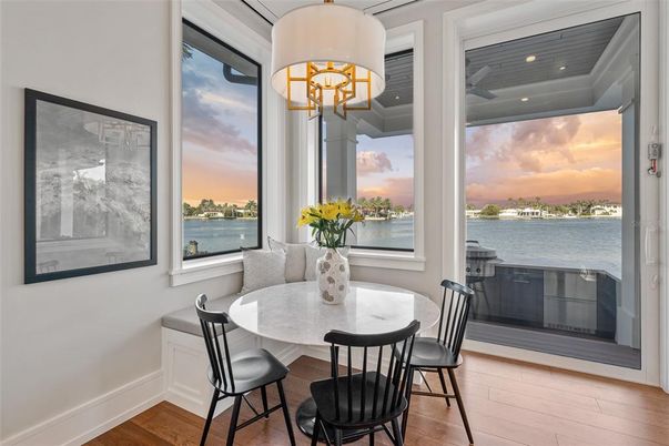 Chandelier, Dining room, Interior, Recessed Lighting, Water, Wood Texture Flooring
