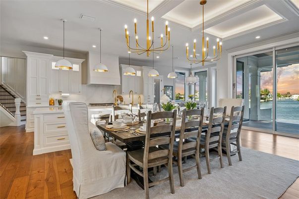 Dining room, Interior, Kitchen, Pendant Lights, Recessed Lighting, Water, Wood Texture Flooring