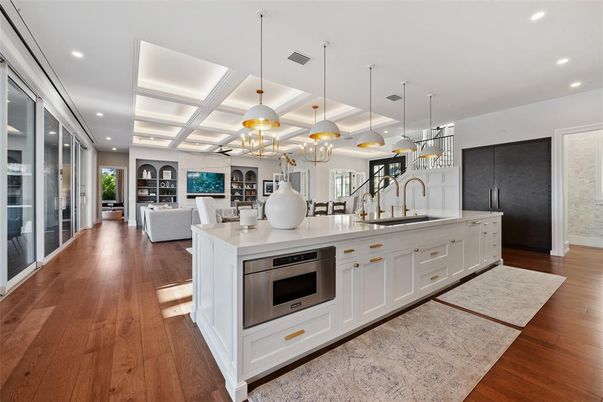 Interior, Kitchen, Living room, Pendant Lights, Recessed Lighting, Wood Texture Flooring
