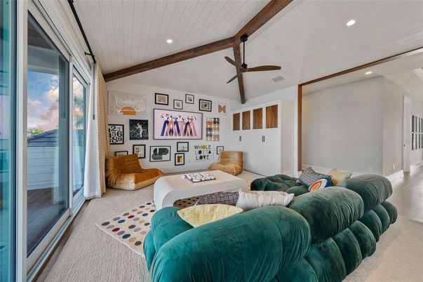 Interior, Living room, Recessed Lighting, Wooden Beams