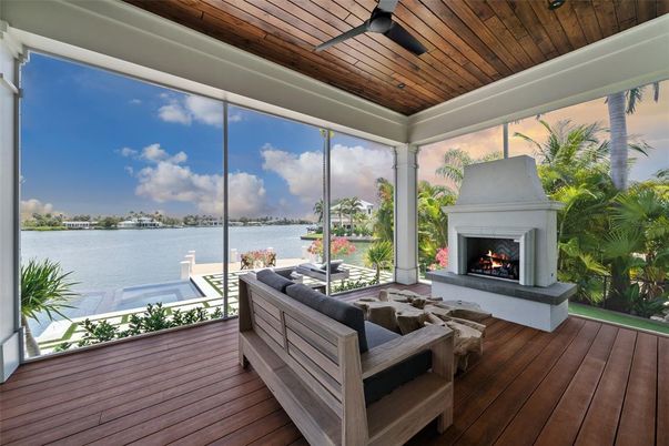 Fireplace, Interior, Living room, Sun Room, Water, Wooden Ceilings, Wood Texture Flooring