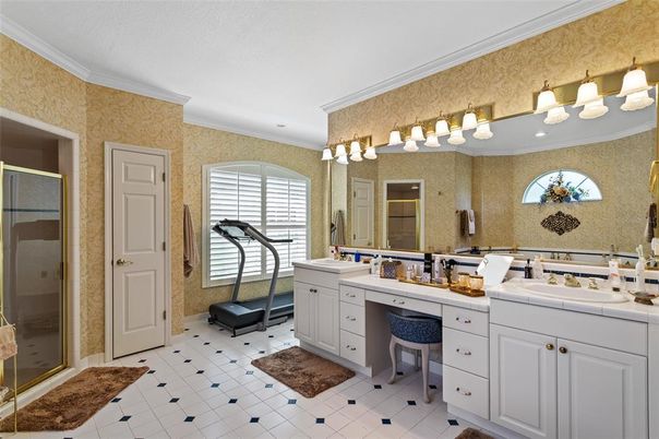 Bathroom, Dual Sink Vanities, Glass Shower, Interior, Recessed Lighting, Tile Countertops