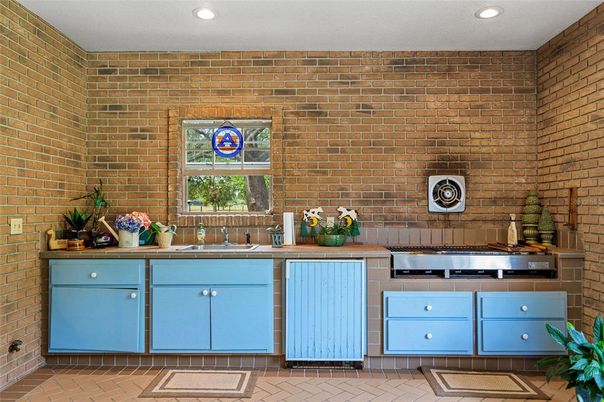 Interior, Kitchen, Recessed Lighting, Stainless Steel Appliances, Stone Walls