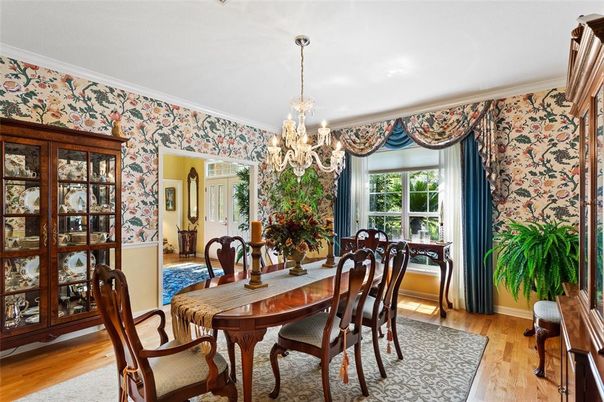 Chandelier, Dining room, Interior, Wood Texture Flooring
