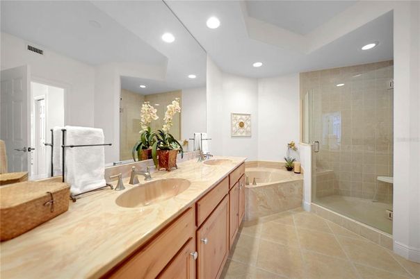 Bathroom, Dual Sink Vanities, Glass Shower, Interior, Recessed Lighting