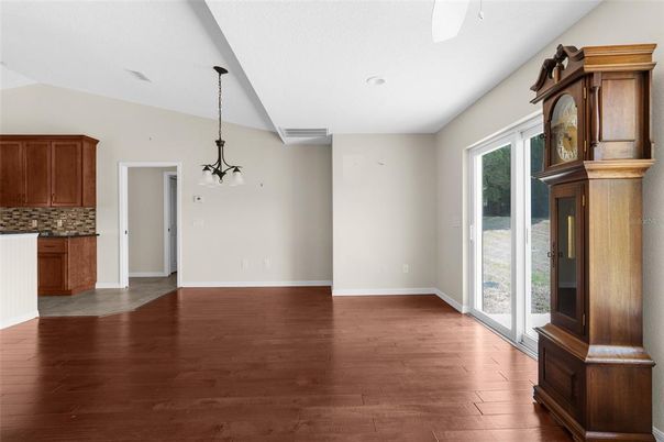 Empty room, Interior, Kitchen, Pendant Lights, Recessed Lighting, Wood Texture Flooring