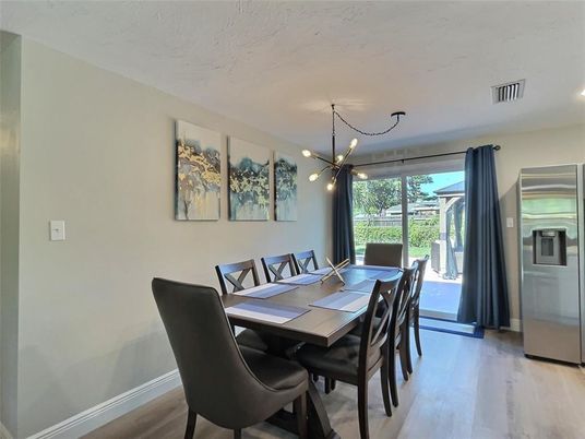 Dining room, Interior, Pendant Lights, Wood Texture Flooring