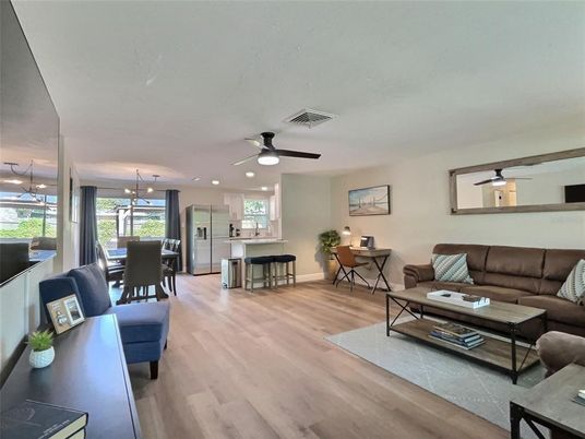 Dining room, Interior, Kitchen, Living room, Recessed Lighting, Wood Texture Flooring