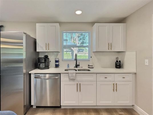 Interior, Kitchen, Recessed Lighting, Stainless Steel Appliances, Wood Texture Flooring