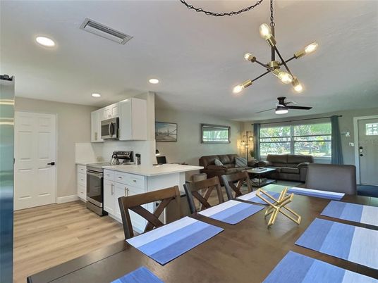 Interior, Kitchen, Living room, Pendant Lights, Recessed Lighting, Stainless Steel Appliances, Wood Texture Flooring