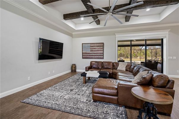 Interior, Living room, Recessed Lighting, Wooden Beams, Wood Texture Flooring