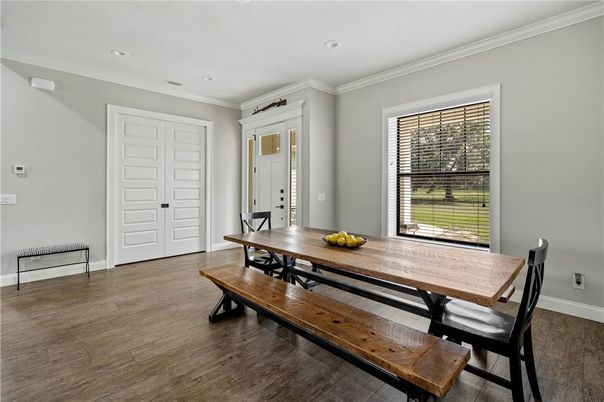 Dining room, Interior, Recessed Lighting, Wood Texture Flooring