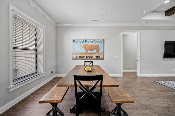 Dining room, Interior, Recessed Lighting, Wood Texture Flooring