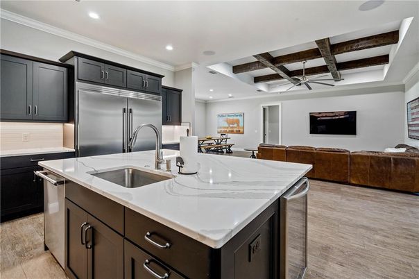 Interior, Kitchen, Recessed Lighting, Stainless Steel Appliances, Wooden Beams, Wood Texture Flooring