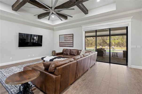 Interior, Living room, Recessed Lighting, Wooden Beams, Wood Texture Flooring