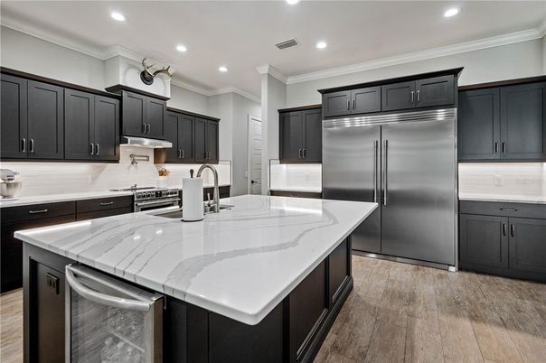 Interior, Kitchen, Recessed Lighting, Stainless Steel Appliances, Wood Texture Flooring