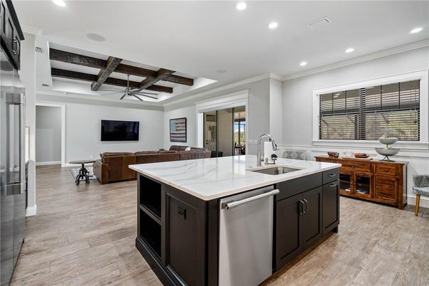 Interior, Kitchen, Recessed Lighting, Stainless Steel Appliances, Wooden Beams, Wood Texture Flooring