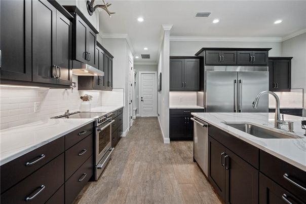 Interior, Kitchen, Recessed Lighting, Stainless Steel Appliances, Wood Texture Flooring