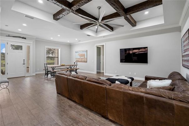 Dining room, Interior, Living room, Recessed Lighting, Wooden Beams, Wood Texture Flooring
