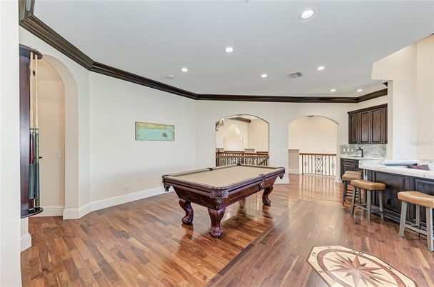Billiard Table, Game Room, Interior, Recessed Lighting, Wood Texture Flooring