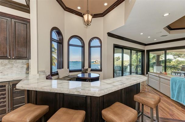 Interior, Kitchen, Living room, Pendant Lights, Recessed Lighting, Water, Wood Texture Flooring