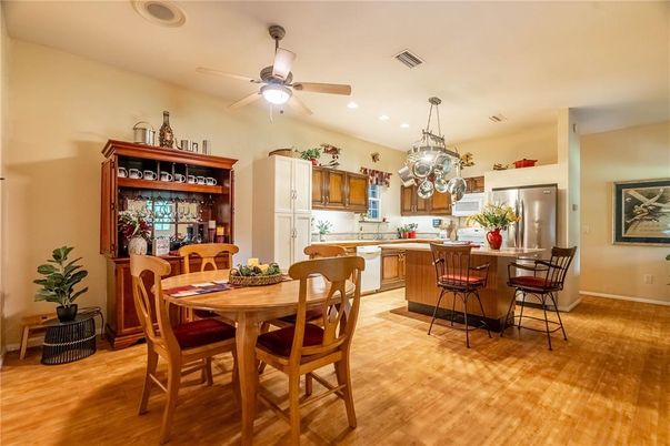 Dining room, Interior, Kitchen, Recessed Lighting, Wood Texture Flooring