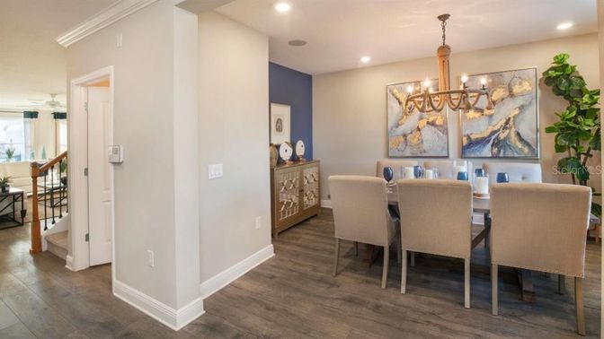 Chandelier, Dining room, Interior, Recessed Lighting, Wood Texture Flooring