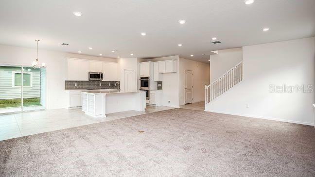 Chandelier, Empty room, Interior, Kitchen, Recessed Lighting, Stainless Steel Appliances