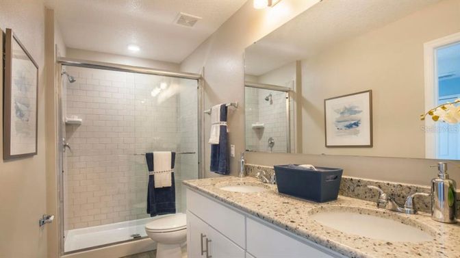 Bathroom, Dual Sink Vanities, Glass Shower, Interior, Recessed Lighting