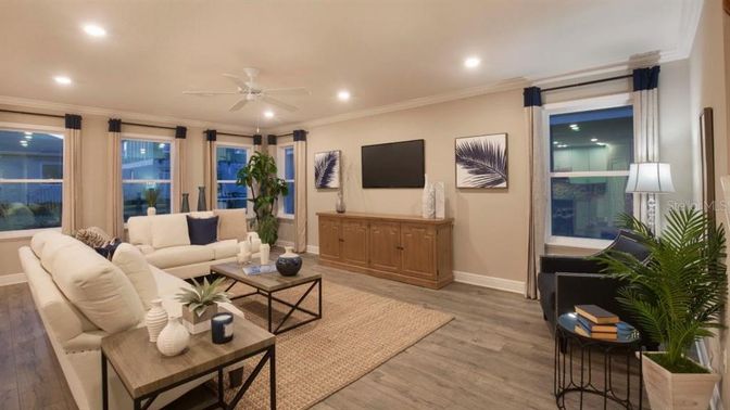 Interior, Living room, Recessed Lighting, Wood Texture Flooring
