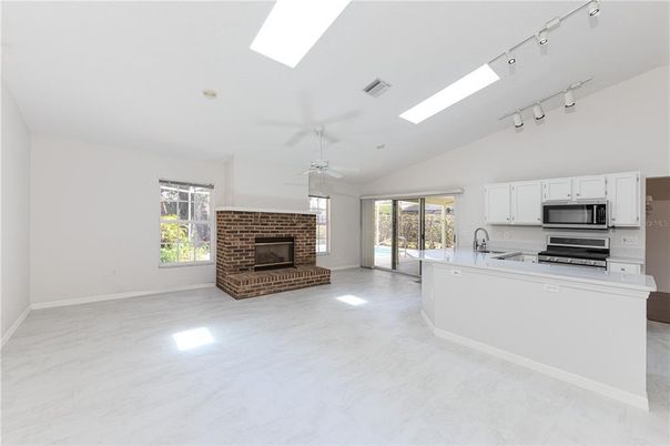 Empty room, Fireplace, Interior, Kitchen, Stainless Steel Appliances