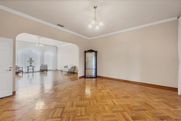 Chandelier, Empty room, Interior, Pendant Lights, Wood Texture Flooring