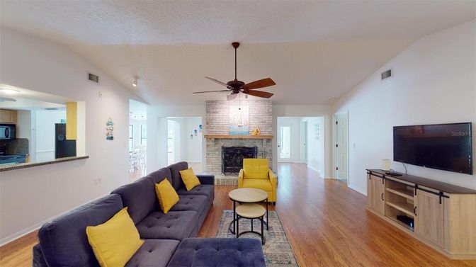 Fireplace, Interior, Living room, Stone Walls, Wood Texture Flooring