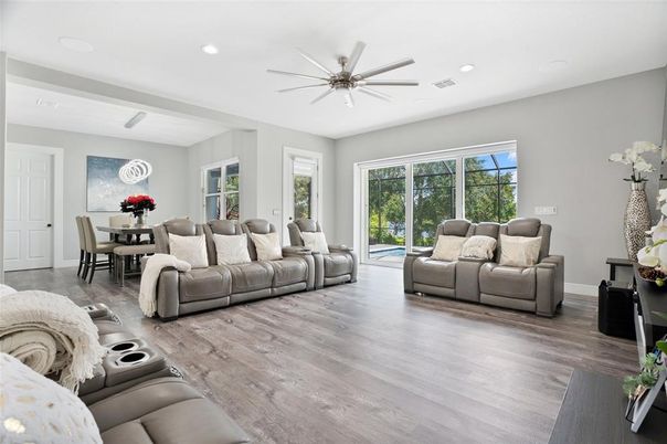 Dining room, Interior, Living room, Recessed Lighting, Wood Texture Flooring