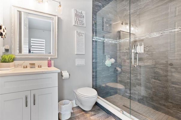 Bathroom, Glass Shower, Interior, Wood Texture Flooring