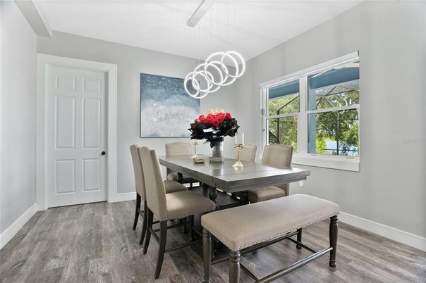 Dining room, Interior, Pendant Lights, Wood Texture Flooring