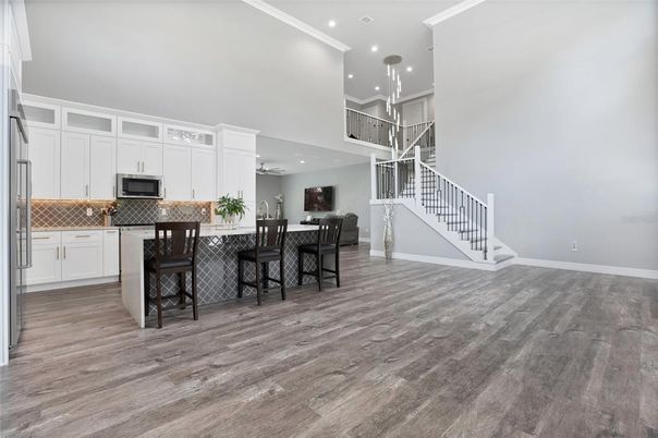 Interior, Kitchen, Pendant Lights, Recessed Lighting, Wood Texture Flooring