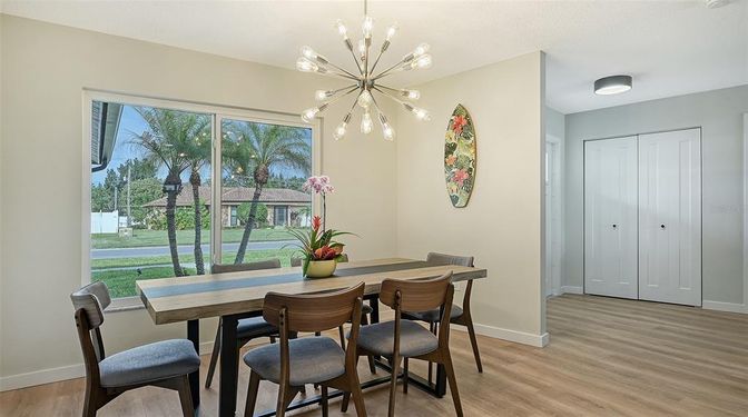 Dining room, Interior, Pendant Lights, Wood Texture Flooring