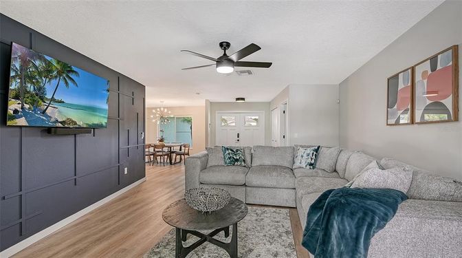 Dining room, Interior, Living room, Pendant Lights, Wood Texture Flooring