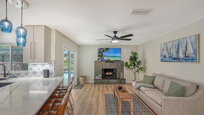Fireplace, Interior, Kitchen, Living room, Pendant Lights, Recessed Lighting, Wood Texture Flooring