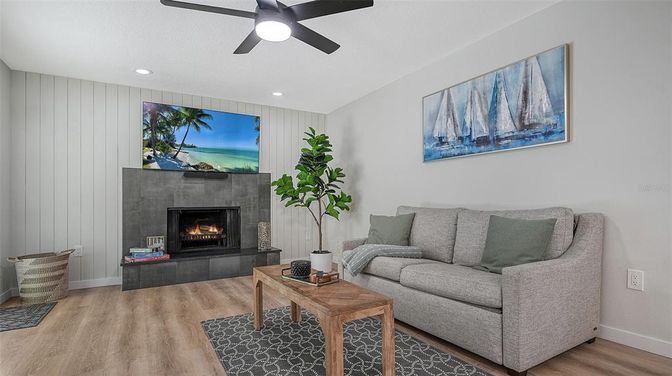 Fireplace, Interior, Living room, Recessed Lighting, Wood Texture Flooring