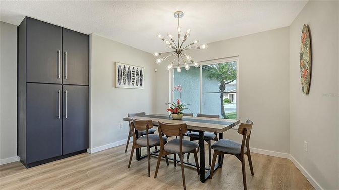 Dining room, Interior, Pendant Lights, Wood Texture Flooring