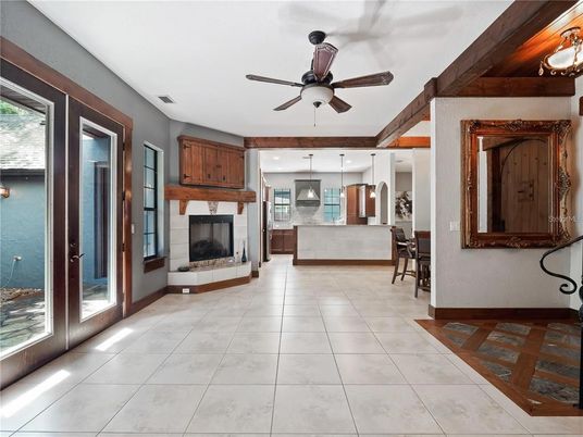 Dining room, Fireplace, Interior, Kitchen, Pendant Lights