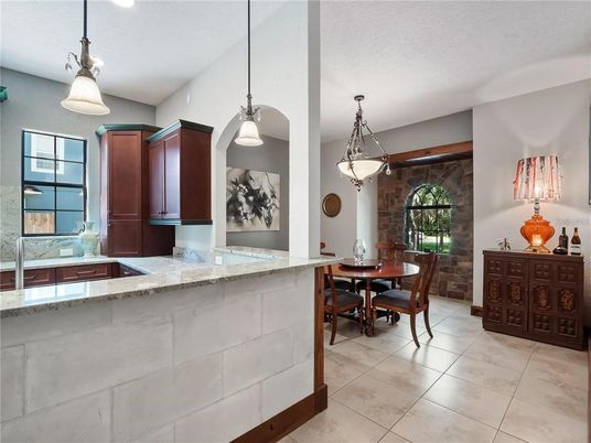 Dining room, Interior, Pendant Lights, Recessed Lighting, Stone Walls