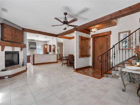 Dining room, Fireplace, Interior, Kitchen, Pendant Lights