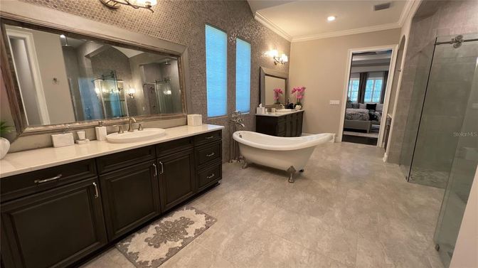 Bathroom, Dual Sink Vanities, Free Standing Baths, Glass Shower, Interior, Recessed Lighting