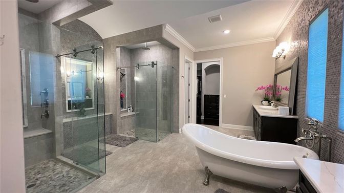 Bathroom, Free Standing Baths, Glass Shower, Interior, Recessed Lighting