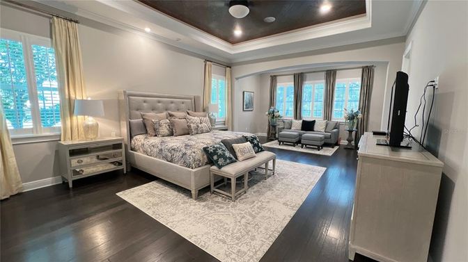 Bedroom, Interior, Recessed Lighting, Wood Texture Flooring
