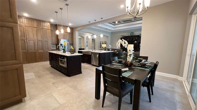 Dining room, Interior, Kitchen, Pendant Lights, Recessed Lighting, Stainless Steel Appliances